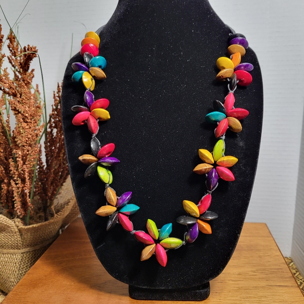 Colourful Wooden Bead Flower Necklace